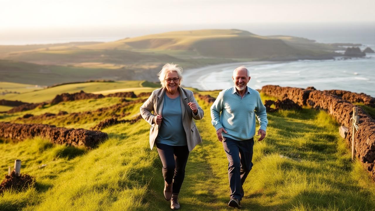 Older Irish couple walking a green coastal path with easier joint movement